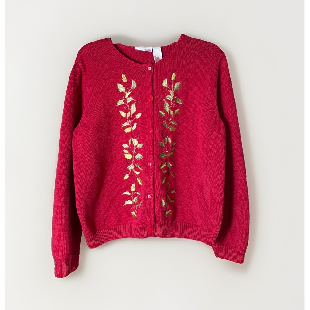 Vintage Liz Claiborne Red Holiday Button Front Sweater Size L Embroidered Holly